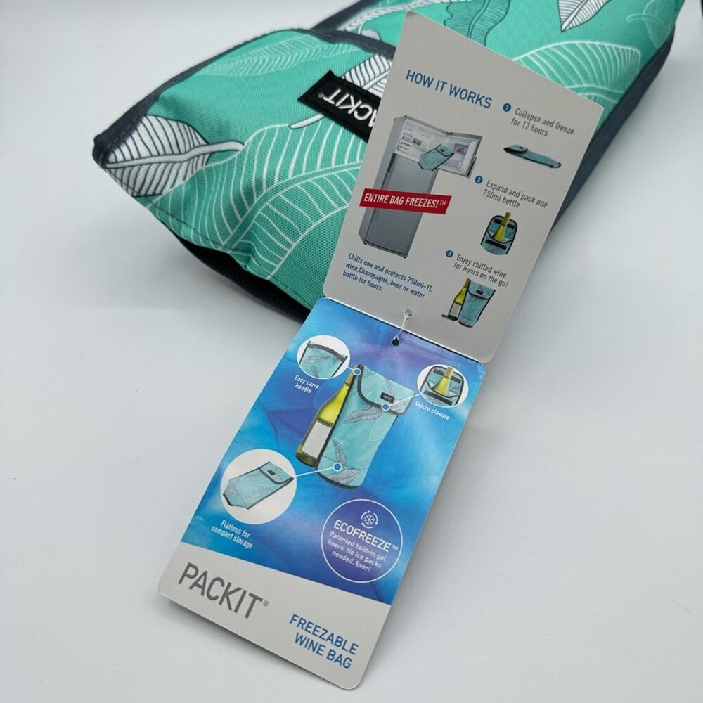 Packit Aqua Blue Teal Tropical Leaves Print Freezable Wine Bag Cooler 1.5L - Picture 5 of 6
